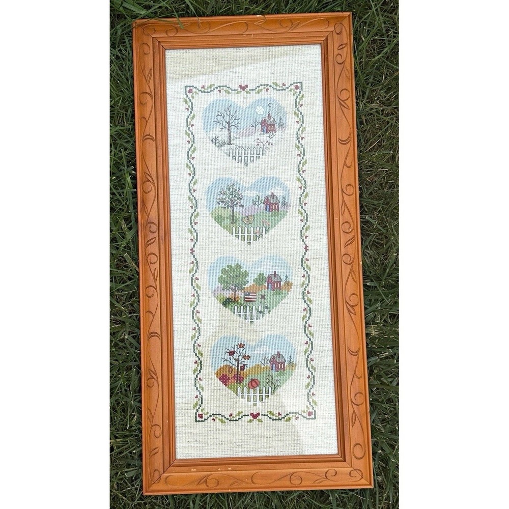 Framed Finished Cross Stitch Four Seasons Heart Cottage Scenes Wood Frame 23x20